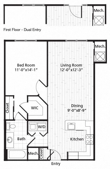 Floor plan for 1 bed, 1 bath, 759 sqft